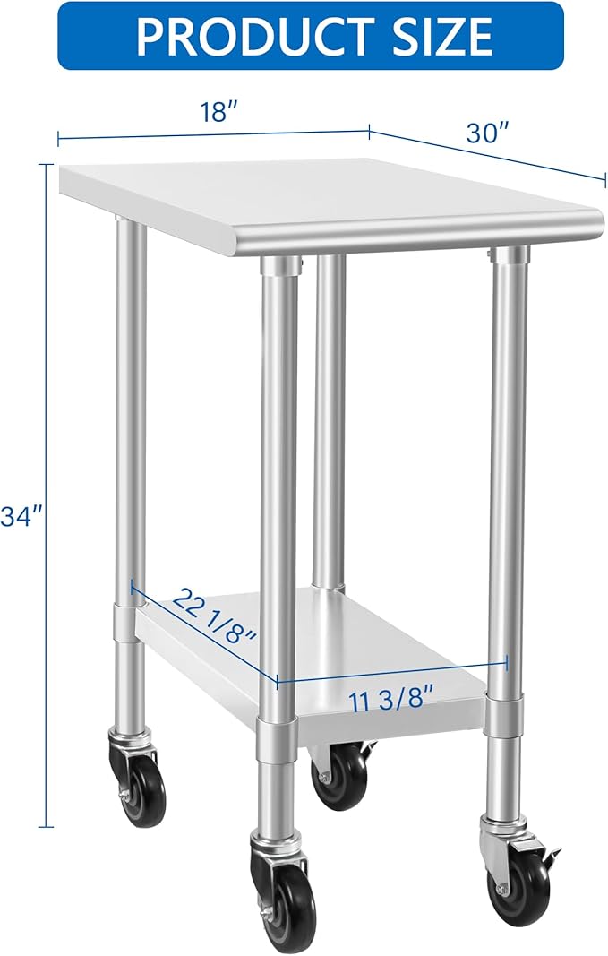 HARDURA Stainless Steel Commercial Table Prep & Work Table with Casters Heavy Duty Metal Table with Wheels NSF 430 30×18 Inches