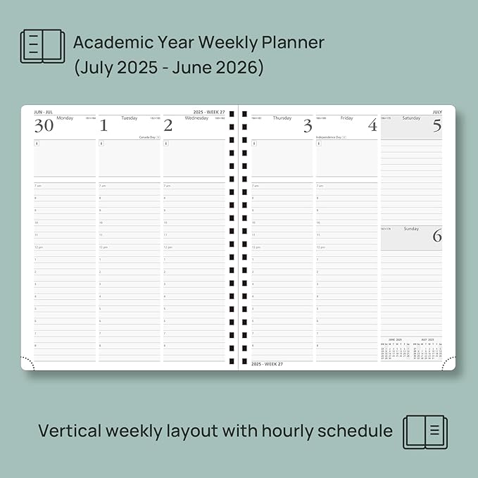 POPRUN Planner 2025-2026 (Large - 8.5'' x 10.5'') Academic Weekly Calendar (July 2025 - June 2026) with Hourly Time Slots, Monthly Tabs, 100GSM Thick Papers, Spiral Leather Cover - Pink