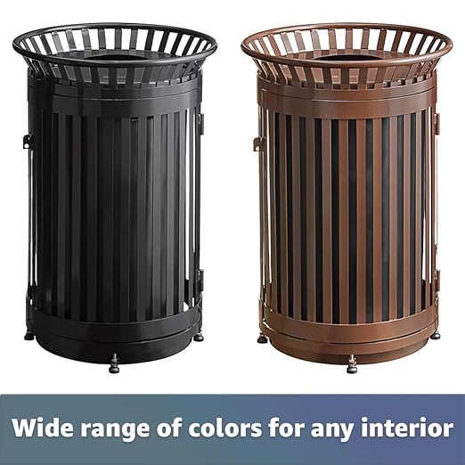 45 Gallon Black Trash Can with Flat Lid & Door, Outdoor Heavy-Duty Commercial Waste Bin Steel Slatted, Round Recycle Container, Durable Garbage Can for Parks, Municipalities, Schools, Parking
