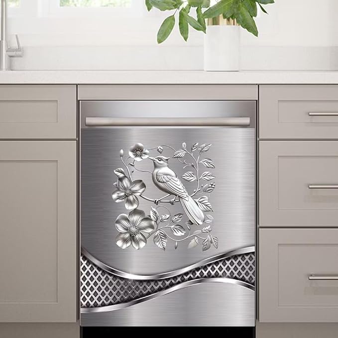 Stainless Steel Design Bird Wallpaper Dishwasher Cover Magnetic Sticker Refrigerator Door Panel Cover Fridge Appliance Magnet Decal Sheet 23x26 inch