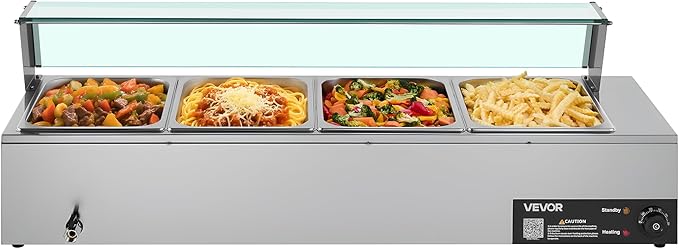 VEVOR Commercial Food Warmer, 1500W Electric Stainless Steel Steam Food Warmer with Glass Cover, 4-Pan Countertop Buffet Bain Marie with Soup & Perforated Ladles, for Catering, Restaurant & Party