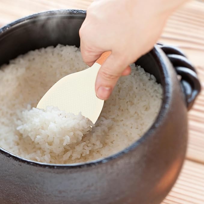 Heat Resistant Silicone Rice Paddle with Wooden Handle Non-Stick Self-Standing Rice Scoop for Cooker Ergonomic Anti-Slip Grip Kitchen Serving Spoon
