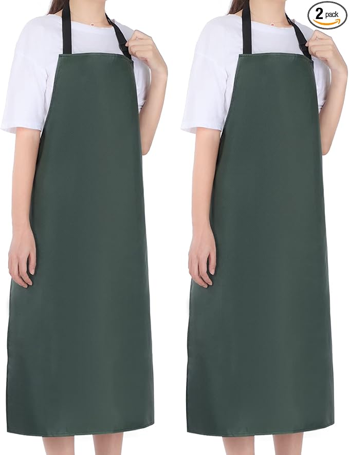 2 Pack Waterproof Rubber Vinyl Apron 40 Inch Light Duty Model Chemical Resistant Work Apron Clothes Durable Extra Long Black with Adjustable Bib Apron for Dishwashing Lab Work Butcher Cleaning Green