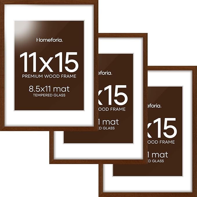 Homeforia 11x15 Brown Picture Frame, High End Dark Oak 11x15 Walnut Poster Frame with Mat 8.5x11, 11 x 15 Wooden Frames Matted to 8 by 11 inch Photo, 15x11 Frames, Tempered Glass, Wall Kit, Set of 3