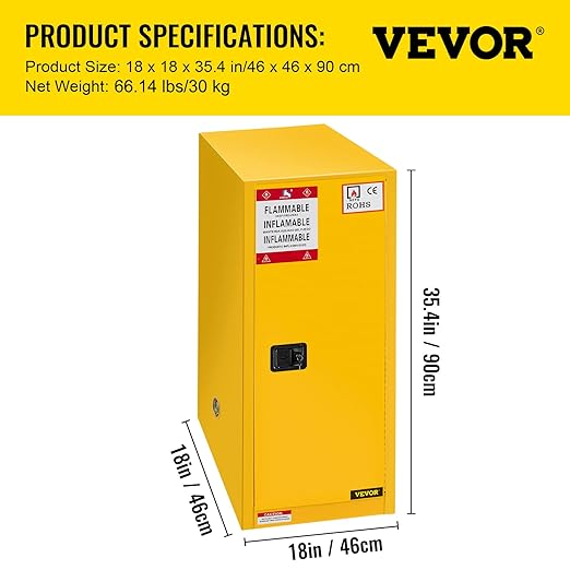 VEVOR Flammable Cabinet 18" x 18" x 35", Galvanized Steel Safety Cabinet, Adjustable Shelf Flammable Storage Cabinet, for Commercial Industrial and Home Use, Yellow: Industrial & Scientific