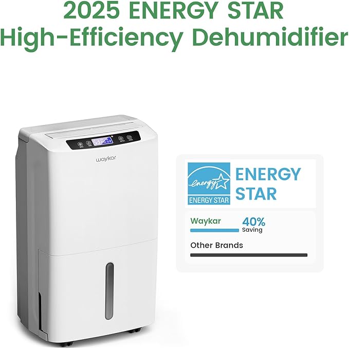 Waykar 2000 Sq. Ft. 2025 Energy Star Dehumidifier for Home and Basements, with Auto or Manual Drainage, 0.66 Gallon Water Tank Capacity