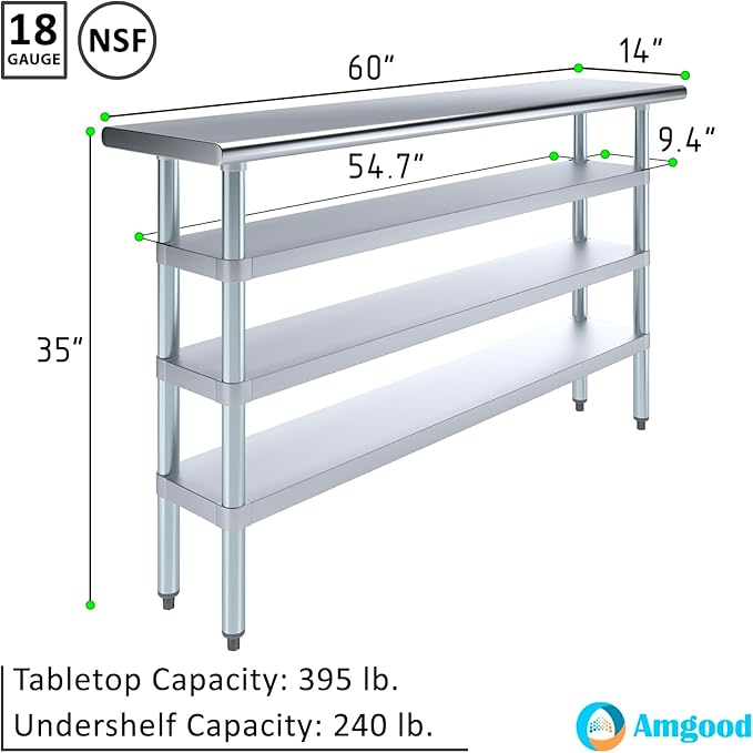 14 in. x 60 in. Stainless Steel Work Table with Three Bottom Shelves | NSF Kitchen Prep Table | Utitly Metal Table