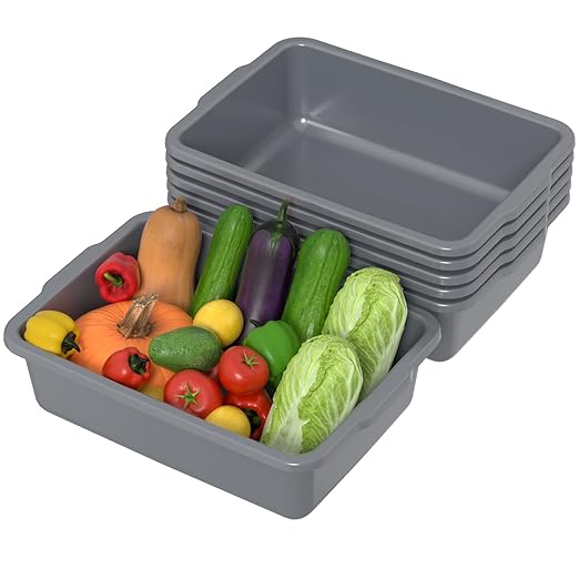 6-Pack 24 L Commercial Bus Tub, Plastic Bus Box, Gray
