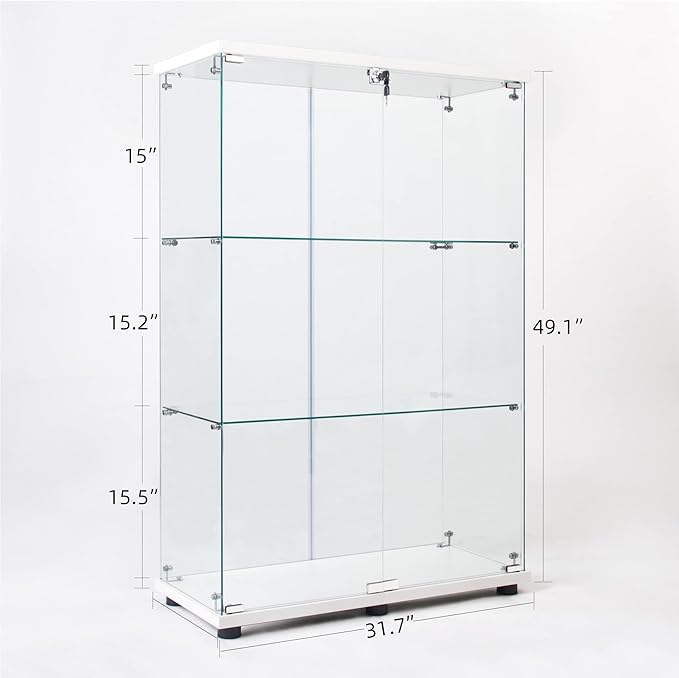Yoluckea 3 Shelves Glass Display Cabinet with 2 Doors,Floor Standing Clear Glass Curio Cabinet Collection Display Case for Living Room Bedroom 49.49” x 31.77”x 14.37 ”(White)