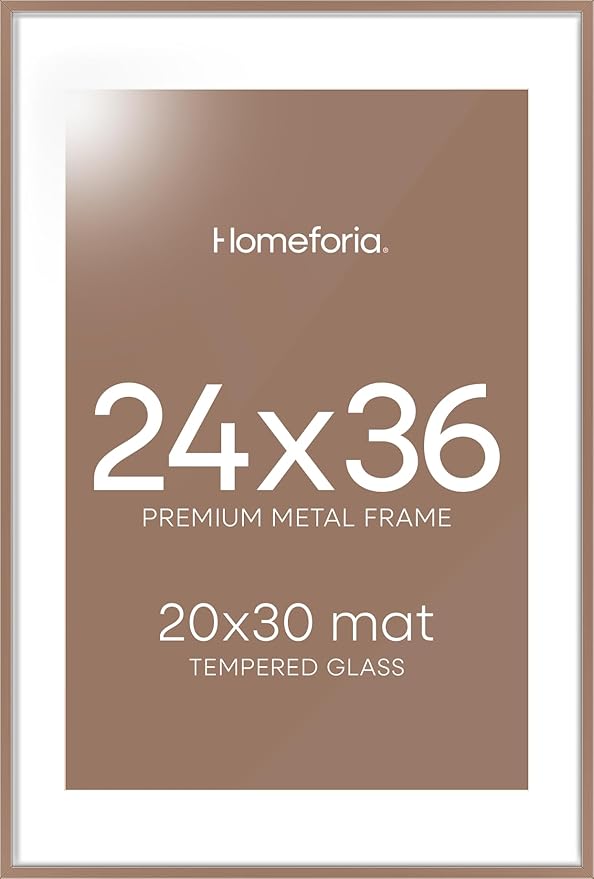 Homeforia 24x36 Picture Frame Mocha, High End Metal 24 x 36 Large Poster Frames with Mat 20 by 30 inch Photo, 24x36 Thin Frame Matted to 20x30 in Print, 36x24 Frame, Tempered Glass, Wall Kit, Set of 1