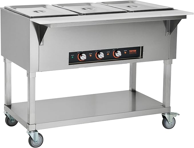 VEVOR 3-Pan Commercial Food Warmer, 3 x 20.6QT Electric Warm Table, 1500W Professional Buffet Catering Food Warmer with 4 Wheels (2 Lockable), Food Grade Stainless Steel Server for Party Restaurant