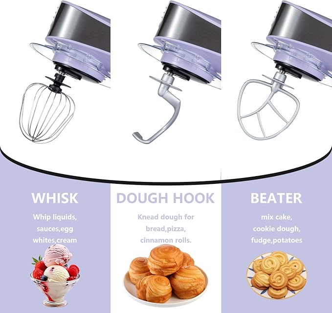 Multifunctional Stand Mixer, 6 in 1 Stand Mixer, 6.3Qt Tilt-head, Standing Mixer with Stainless Steel Bowl, Meat Grinder, Juice Blender, for professional Baking and Most Home Cooks, Purple