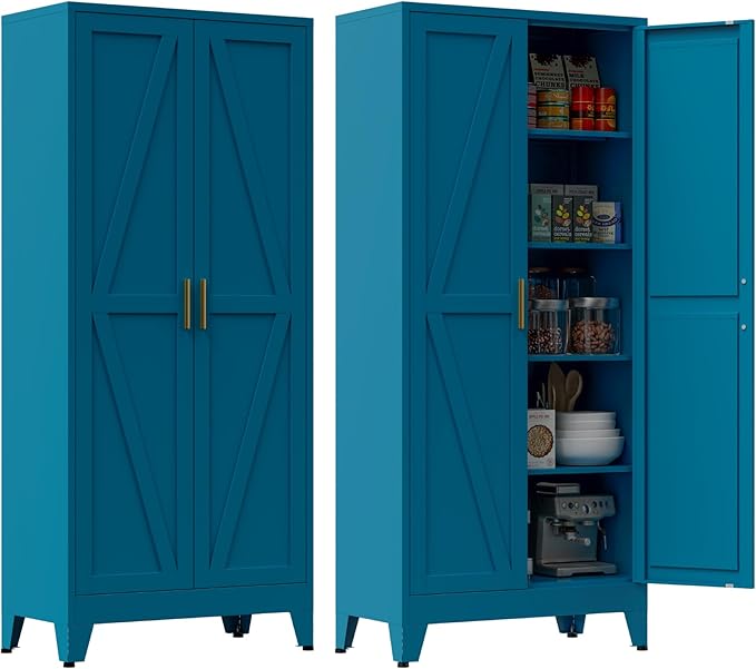 Metal Kitchen Pantry Cabinet,71" Tall Blue Pantry Cabinet with 2 Doors and 4 Adjustable Shelves, Farmhouse Storage Freestanding Cupboard for Kitchen,Home Office Living Room,Dining Room