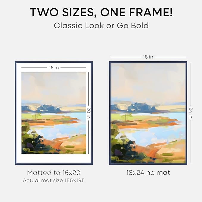 Homeforia 18x24 Frame Navy Blue, High End Metal 18x24 Poster Frames with Mat 16x20 inch Photo, 18 x 24 Navy Blue Picture Frame Matted to 16 by 20 Print, 24x18 Frame, Tempered Glass, Wall Kit, Set of 1