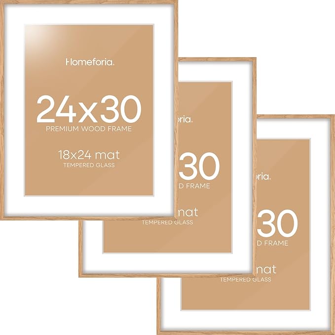 Homeforia 24x30 Picture Frame Wood, High End Natural Oak 24 x 30 Frame with Mat 18 by 24, 24x30 Light Wooden Poster Frames Matted to 18x24 Photo, 30by24 Large Frame, Tempered Glass, Wall Kit, Set of 3