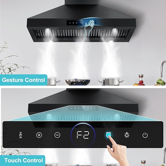 48 inch Range Hood Wall Mount, 1500 CFM with 4-Speed Gesture Sensing & Touch Control, Stainless Steel Ducted Kitchen Stove Vent Hoods with 4 LED Lights, Time Setting, Dishwasher-Safe Baffle Filters