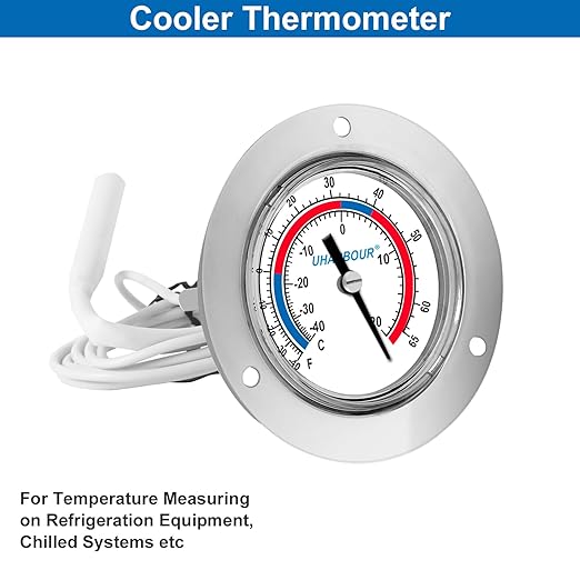 Cooler Thermometer Comercial Freezer Thermometer Capillary Design Refrigeration Gauge, Range -40 to 65 ℉ / -40 to 20℃, 2" Dial Stainless Steel Flanged Panel Mount