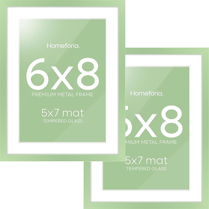 Homeforia Sage Green 6x8 Picture Frame, High End Metal 6 x 8 Frames with Mat 5 x 7 for Photo, 6by8 Desk Frame Matted to 5x7 inch Art, 6 by 8 Wall or Tabletop Frames, Tempered Glass, Wall Kit, Set of 2