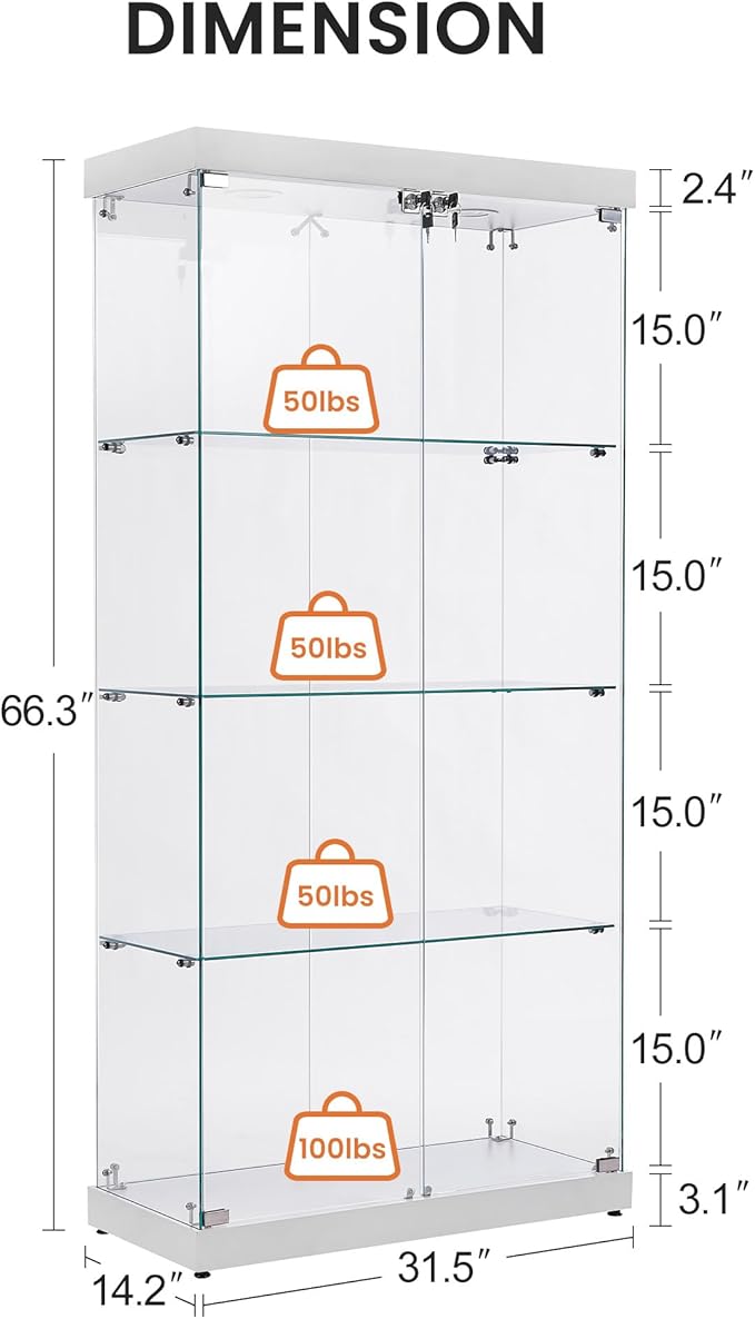 Yoluckea 4 Shelves Glass Display Cabinet with Light and 2 Doors, Floor Standing Clear Glass Curio Cabinet Collection Display for Living Room Bedroom 66.3” x 31.5” x 14.2” White