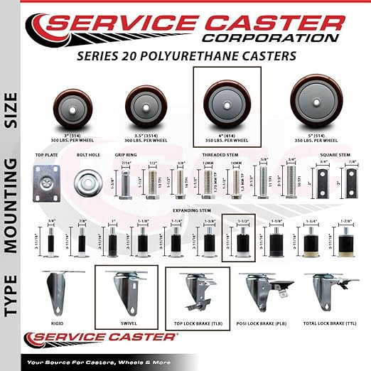 Service Caster Brand Replacement Set for Uline Casters - Swivel 1-1/2 Inch Expanding Stem Casters with 4 Inch Maroon Polyurethane Wheel-Includes 4 Swivel Casters and Brakes-Fits Uline Worktable H-5746