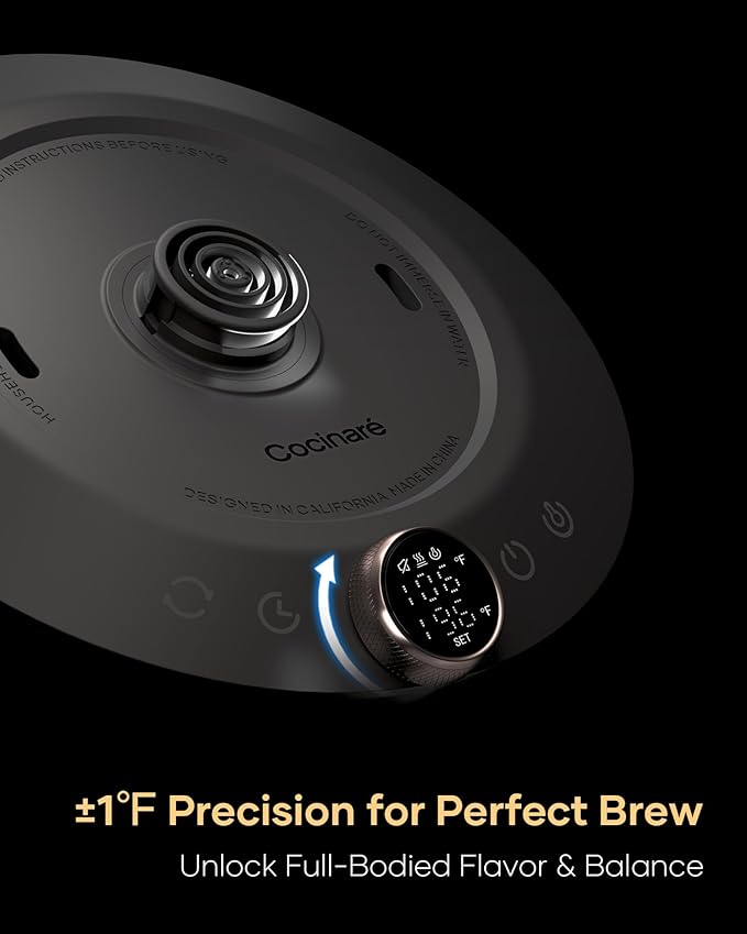Cocinare FLOW M9 Electric Gooseneck Kettle, ±1℉ Temperature Control for Pour-over Coffee & Tea, Stainless Steel Interior, Quick Heating for Boiling Water (Wave)