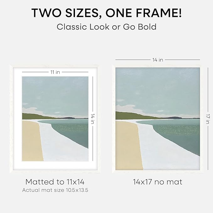 Homeforia 14x17 Picture Frame White, High End Oak 14x17 White Wood Frame with Mat 11x14 Photo, 14 x 17 Wooden Poster Frames Matted to 11 by 14, 17x14 Hanging Frames, Tempered Glass, Wall Kit, Set of 2