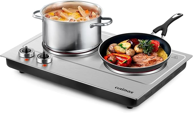Hot Plate,Cusimax Dual Infrared Burner, Electric Ceramic Glass Stove,Adjustable Temperature Control,Stainless Steel,Compatible of all Cookware,Easy Clean for Home, Dorm, Office