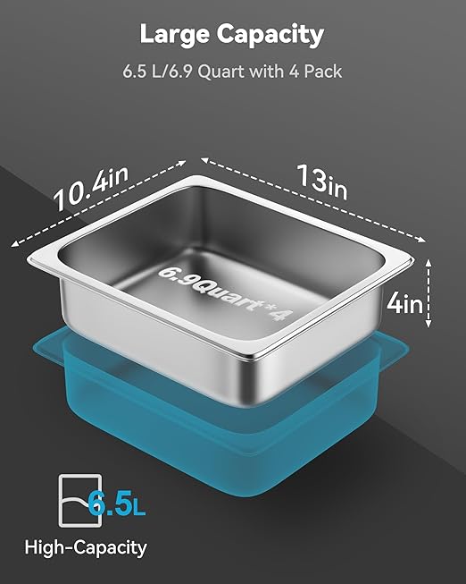 4 Pack Hotel Pans with Lids, 1/2 Size 4" Deep Steam Table Pans, Stainless Steel Food Pans 22 Gauge Anti Jam 12.8" L x 10.4" W Commercial Food Storage Containers