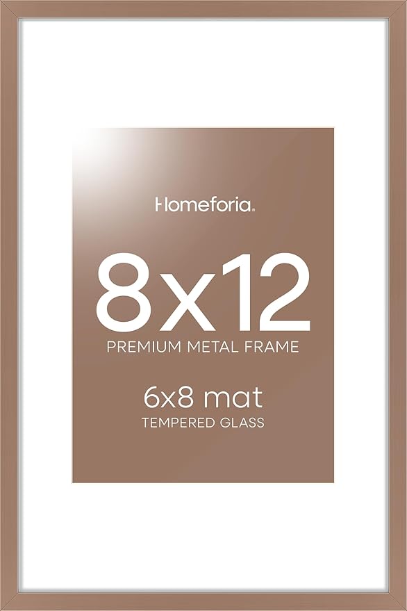 Homeforia 8x12 Picture Frame Mocha, High End Metal 8 x 12 Poster Frames with Mat 6 by 8 for Photo, 12x8 Frame Matted to 6x8 inch Print, 8by12 Wall or Tabletop Frame, Tempered Glass, Wall Kit, Set of 1