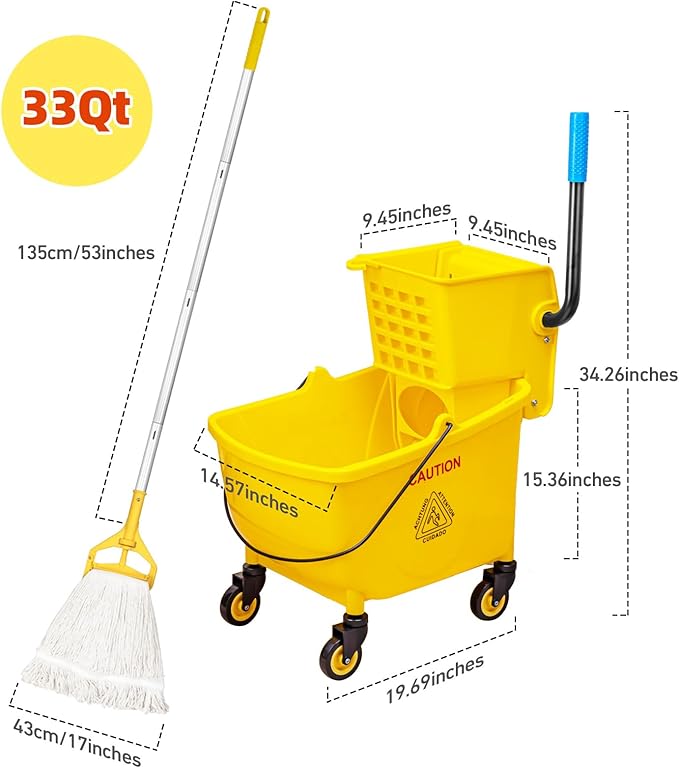 33 Quart Commercial Mop Bucket, with Side-Press Wringer on Wheels. Includes an Industrial Mop. Yellow Industrial Mop Bucket, Suitable for Home, Commercial, Restaurant Cleaning