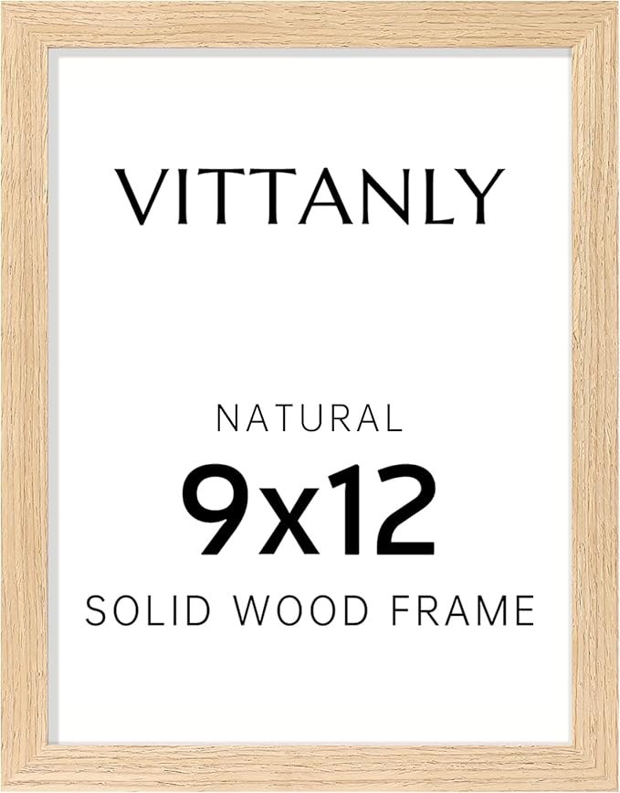 Vittanly 9x12 Picture Frame, Solid Wood Frame with Plexiglass, Includes 6x8 Mat, Wall Hanging or Tabletop for Photos, Home Decor, Natural, 1 Pack