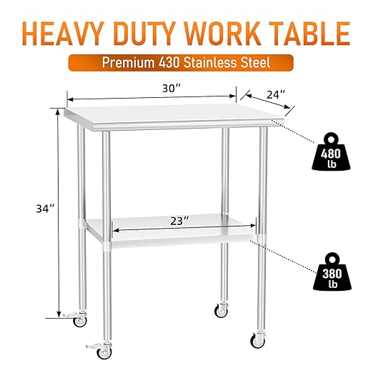 Stainless Steel Table with Wheels 24" x 30" Utility Worktable with Adjustable Undershelf for Commercial Kitchen, Garage, Restaurant