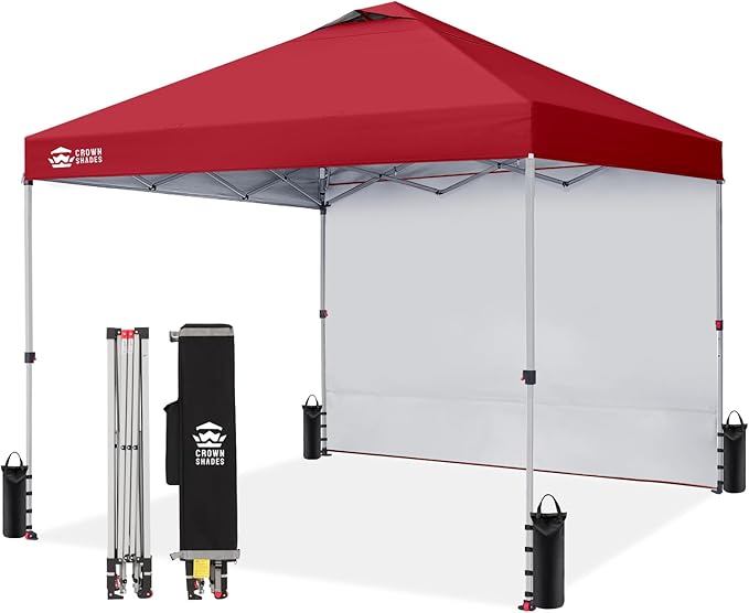 CROWN SHADES 12x12 Pop Up Canopy Tent Instant Commercial with 150D Silver Coated Fabric Including 1 Removable Sidewall, 4 Ropes, 8 Stakes, Weight Bags, STO 'N Go Bag, Red