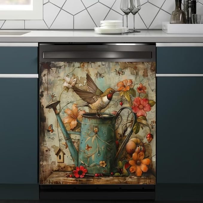 Floral Watering Can Birds Spring Dishwasher Magnet Cover,23" x 17" Dishwasher Cover,Retro Country Butterfly Magnetic Decal Vinyl Sticker Kitchen Decor Refrigerator Magnets Self Adhesive Wrap