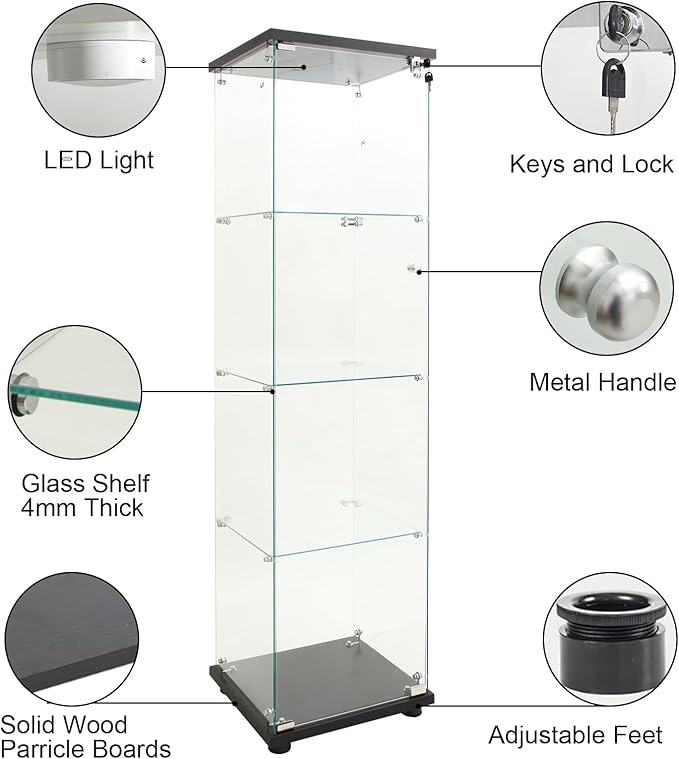 Yoluckea 4 Shelves Glass Display Cabinet with LED Light and Door, Floor Standing Clear Glass Curio Cabinet Collection for Living Room Bedroom 64.7”x16.7”x 14.3” Black(Upgrade Assembly)