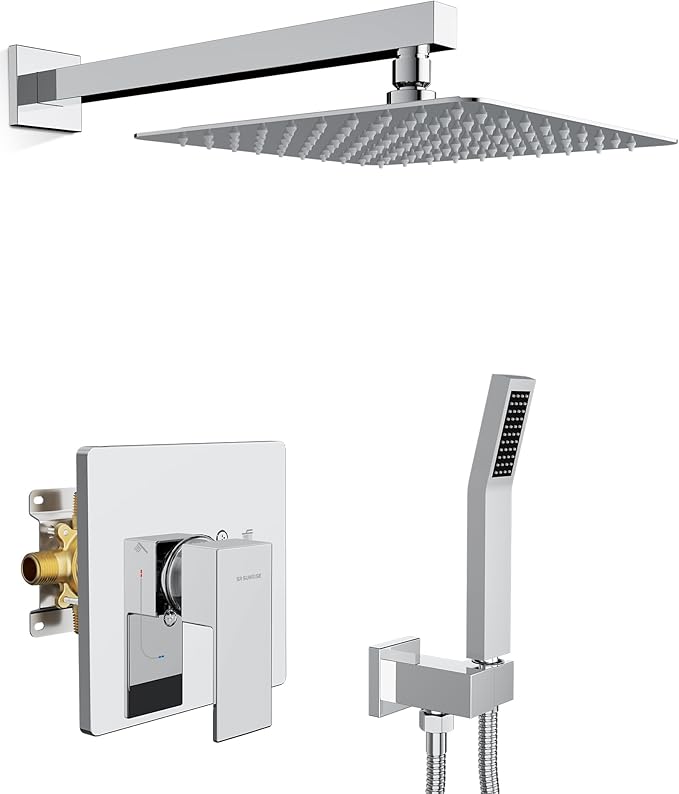 SR SUN RISE Shower System Bathroom 10 Inch Rainfall Shower Head & Handle Set Wall Mounted Rain Shower Faucet Set Polished Chrome