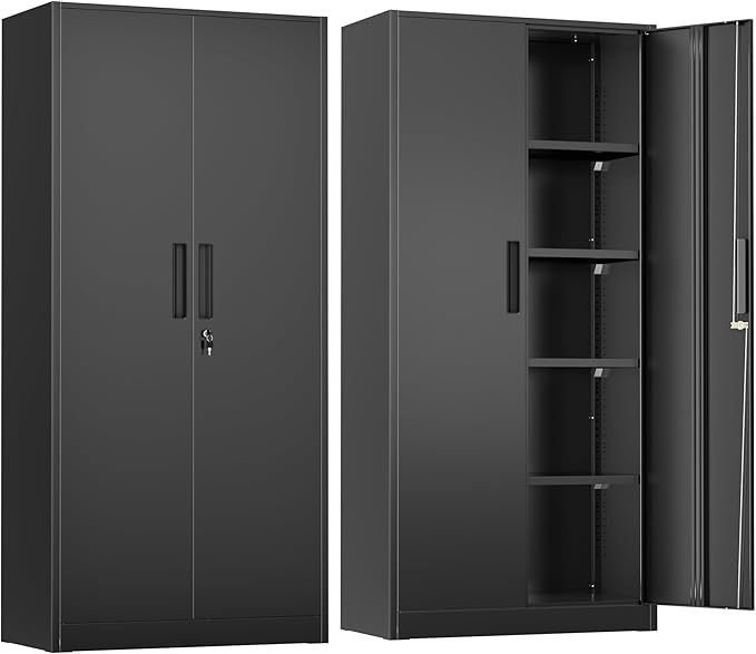 Greenvelly 72" H Metal Storage Cabinet, 32" W x 16" D Black Metal Cabinet with 2 Doors and 4 Adjustable Shelves, Locking Cabinets for Office, Home, Garage, School