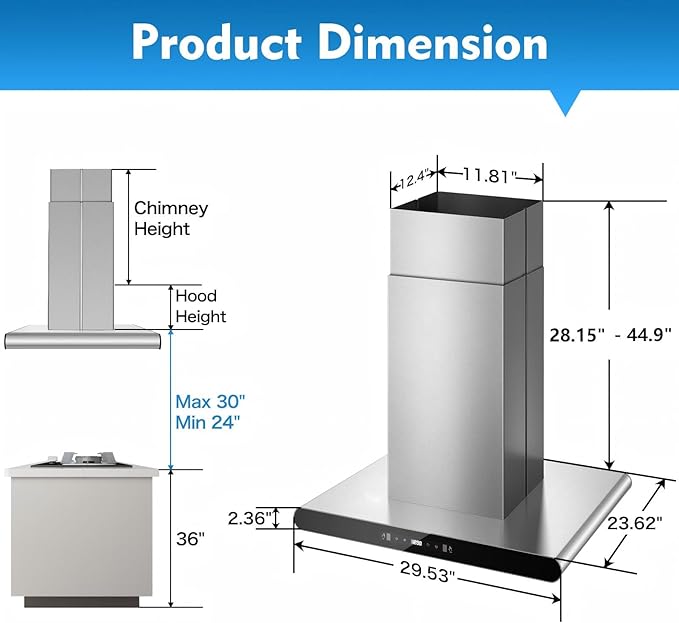 Tiesay Island Range Hood 30 inch, 700 CFM Dual-Sided Ceiling Mount Vent Hood, Convertible Ducted/Ductless, Touch,Gesture & Remote Control, 3-Speed Fan, 4 LED Lights, Stainless Steel