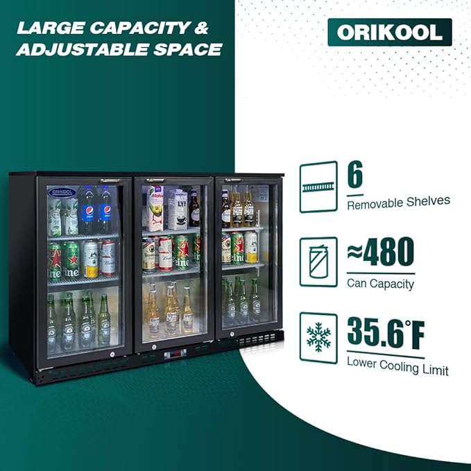 Back Bar Cooler - 480 Can Capacity Beverage Refrigerators, 3 Hinged Glass Doors, LED Lighting, Adjustable Shelves, Safety Door Lock, Perfect for Bars, Restaurants & Home