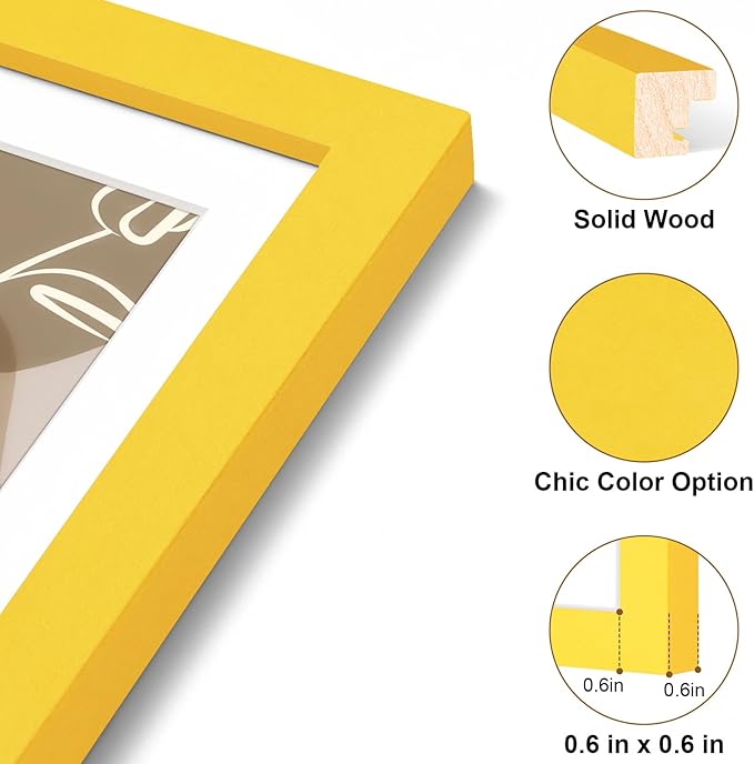 Vittanly 11x17 Picture Frame, Solid Wood Frame with Plexiglass, Includes 8x12 Mat, Wall Hanging for Photos, Home Decor, Yellow, 1 Pack