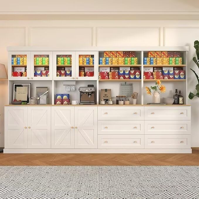 Vyre 71" Farmhouse Kitchen Pantry Cabinet, White Freestanding Coffee Bar Hutch with Glass Doors, Drawers & Adjustable Shelves, Microwave Stand Storage Organizer for Living Room & Kitchen, Set of 4