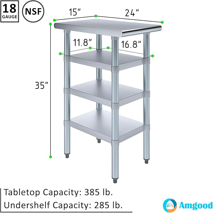 24 in. x 15 in. Stainless Steel Work Table with Three Bottom Shelves | NSF Kitchen Prep Table | Utitly Metal Table