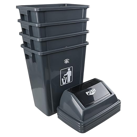 4-Pack 13 Gallon Grey Trash Can, Heavy-Duty Garbage Bin with Swing Lid for Office, Campus, and Home Use