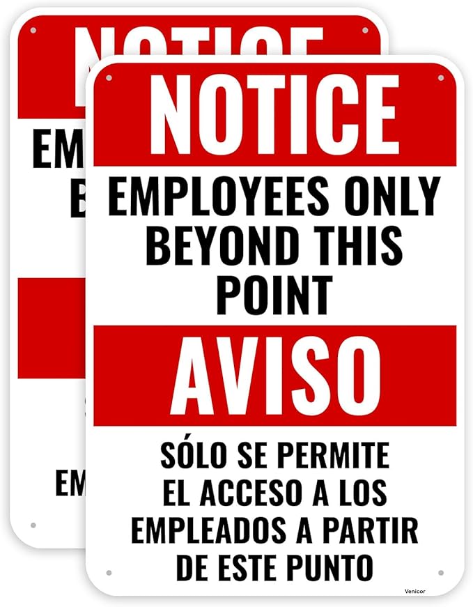 2PC Employees Only Beyond This Point Sign Bilingual, 10 x 7 Inches - Aluminum - No Customers Allowed In Work Area Staff Only Sign For Door