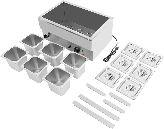 6-Pan Commercial Food Warmer,110V Electric Stainless Steel Steam Food Warmer with Lid,Electric Bain Marie Countertop with Temperature Control for Catering,Restaurant,Party (Small 6-Pan)