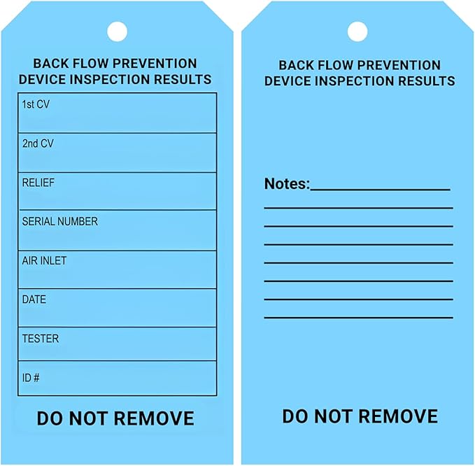 Tags 4 Less Custom Backflow Preventer Inspection Tags – 2 5/8" x 5 1/4" Maintenance Record Label for Backflow Test, Waterproof Heavy Duty Vinyl Plastic for Record-Keeping (Pack of 100)