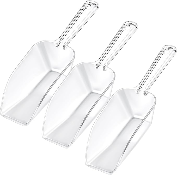 3 Pcs Clear Plastic Ice Scoop Set, Small Acrylic Serving Scoops For Candy Buffet, Canisters, Dry Goods Multi-Purpose Kitchen Food Scoop For Coffee, Tea, Flour, Wedding Desserts (7.8 Inch Long)
