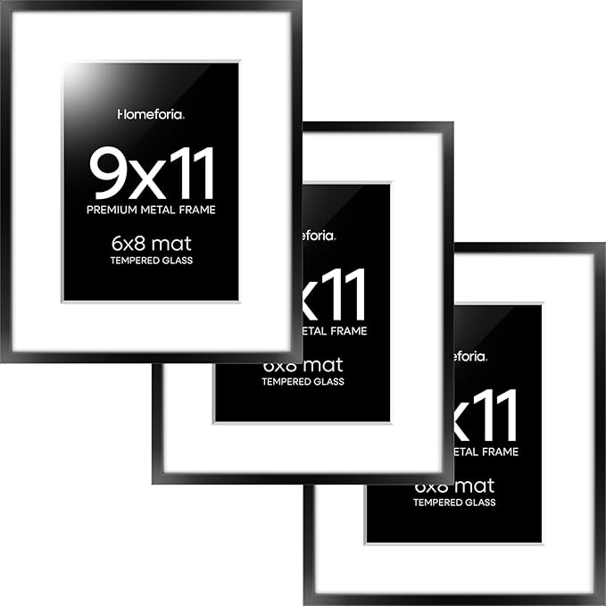 Homeforia 9x11 Picture Frame Black, High End Metal 9 x 11 Poster Frames with Mat 6 by 8 inch Photo, 9by11 Frame Matted to 6x8 in Print, 11x9 Wall or Tabletop Frames, Tempered Glass, Wall Kit, Set of 3