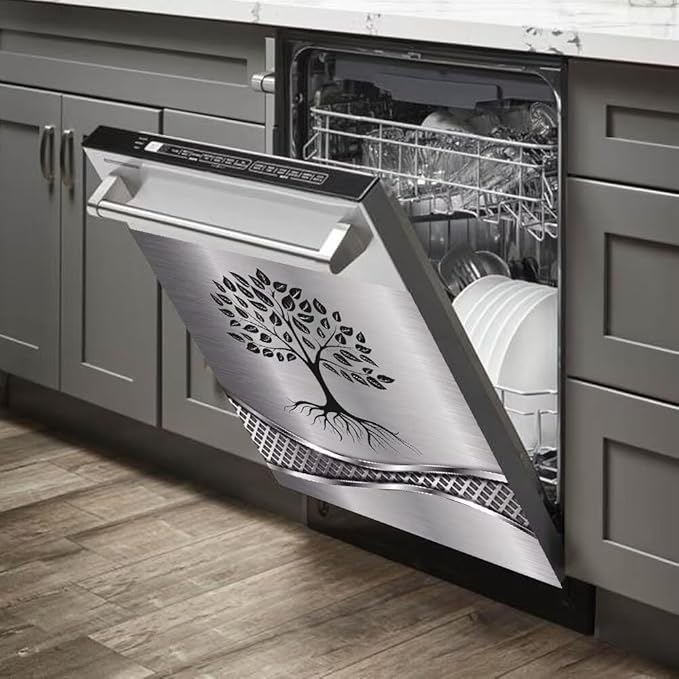 Stainless Steel Design Tree Pattern Magnetic Dishwasher Cover Sticker,Kitchen Decor Magnet Cabinet Fridge Panel Decal Sticker 23W x 17H inchs