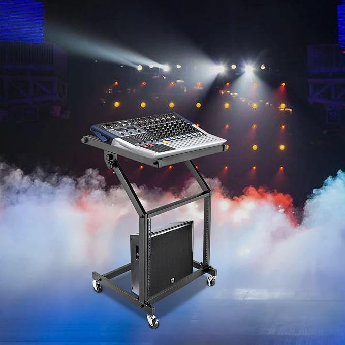DJ Mixer Stand, 2-Layer Audio Device Rack with 4 Wheels, Audio Studio Mixer Stand for Homes Offices Stage Concert Studio Equipment Rolling Stage Cart (9U)
